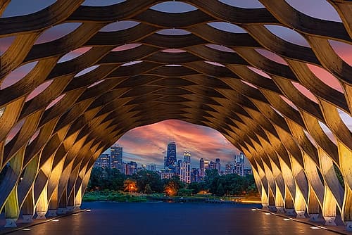 USA-Illinois-Chicago Downtown skyline seen through the Education Pavilion in Lincoln Park Art Print